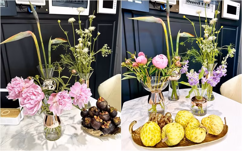 Bàn ăn nhà Pha Lê lúc nào cũng có hoa tươi, thậm chí 2-3 lọ hoa khác nhau. Ảnh: FBNV