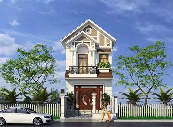 Ngoài mái thái, mẫu nhà 2 tầng còn gây ấn tượng với ban công được trang trí bằng sắt mỹ thuật tinh tế. Ảnh: Wedo