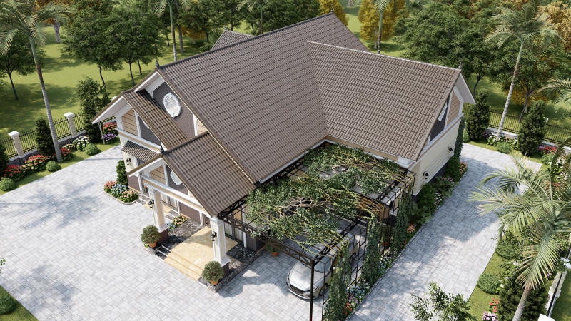 Thiết kế nhà cấp 4 mái thái chữ L giúp gia chủ có thể tận dụng khoảng sân trong làm không gian sinh hoạt chung, bãi đỗ xe. Ảnh: Kienthietviet