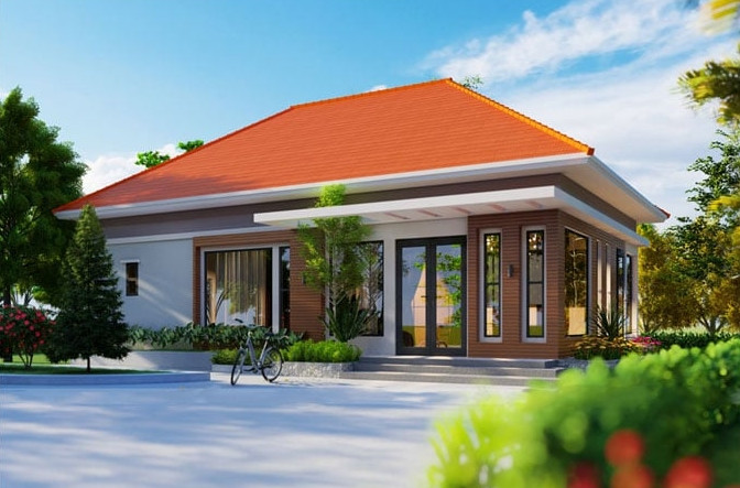 Nhà mái thái truyền thống ấm áp với gam màu cam và nâu chủ đạo thu hút nhiều ánh nhìn. Ngôi nhà giản lược những chi tiết không cần thiết, trang bị hệ cửa kính lớn giúp lấy tối đa ánh sáng và gió trời. Ảnh: Homenext