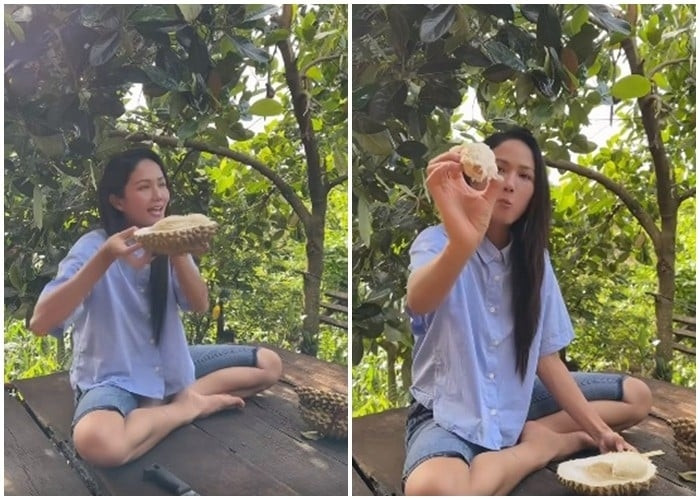 H'Hen Niê ra vườn "thu hoạch" sầu rụng gốc, tự tay tách quả sầu riêng.