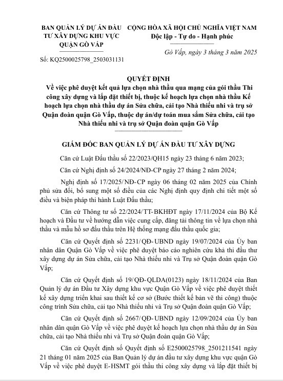 TP HCM: Chọn xong nhà thầu thi công gói xây lắp hơn 27 tỷ tại Gò Vấp TP HCM: Chon xong nha thau thi cong goi xay lap hon 27 ty tai Go Vap