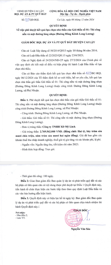 Tien Giang: Goi thau lam duong Dong Kenh Long Luong ve tay Cong ty My Linh