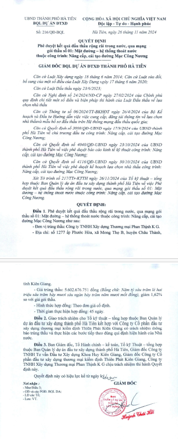 Kien Giang: Cong ty Phan Thinh K G, 1 ngay trung 2 goi lam duong