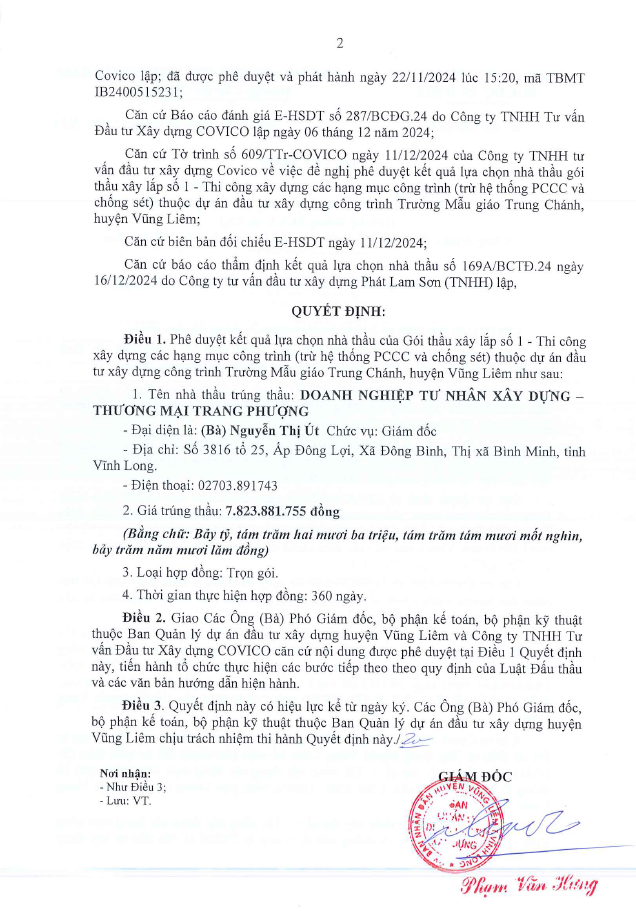 Vĩnh Long: Ít cạnh tranh, nhà thầu Trang Phượng trúng gói xây lắp hơn 7,8 tỷ Vinh Long: It canh tranh, nha thau Trang Phuong trung goi xay lap hon 7,8 ty