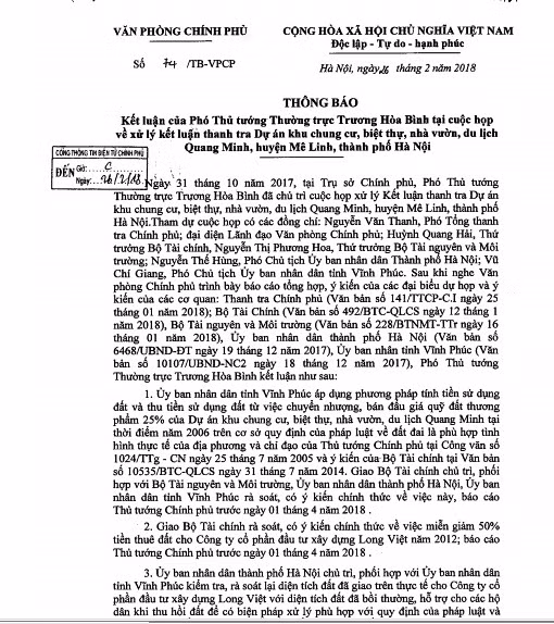Thông báo kết luận của Phó Thủ tướng Trương Hòa Bình.