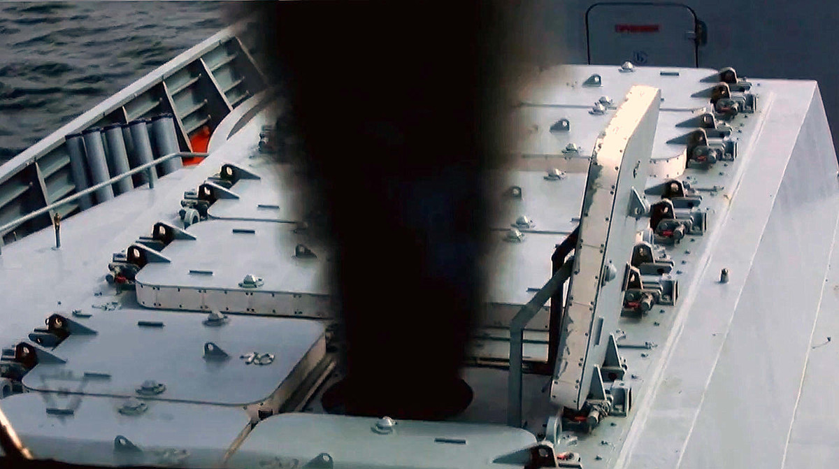 Thật vậy, theo thiết kế, Đề án 20385 được trang bị hệ thống phóng thẳng đứng (VLS) UKSK có thể triển khai nhiều loại tên lửa hành trình tấn công mục tiêu trên biển, trên đất liền và cả dưới mặt nước biển. Nguồn ảnh: Military Review