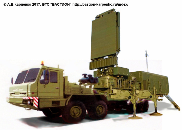 Các thành tố của tổ hợp tới nay vẫn là bí ẩn, đã có một số cái tên được đưa ra nhưng chưa đầy đủ, gồm: xe phóng tự hành 77P6; cabin chỉ huy 55K6MA và 85Zh6-2; radar kiểm soát chiến trường và chỉ thị mục tiêu 91N6A(M); radar bám bắt mục tiêu 96L6-TsP; radar bám bắt đa chế độ 76T6 và radar phòng thủ tên lửa 77T6. Nguồn ảnh: Bastion-Kapenko