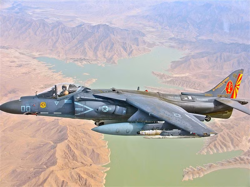 Bay lượn kém cho nên AV-8B chỉ đóng vai trò như máy bay cường kích, tấn công mặt đất. Nó có 6 điểm treo cho phép mang tối đa 4,2 tấn vũ khí bao gồm tên lửa không đối không, tên lửa không đối đất và một số loại bom. Nguồn ảnh: Wikipedia