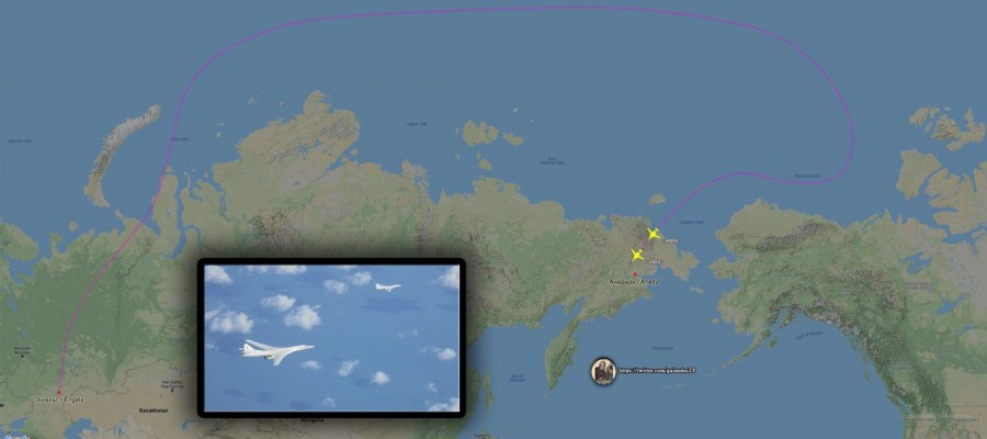 Đường bay của hai chiếc Tu-160 từ căn cứ Engels, cách thành phố Saratov 14km về phía Đông tới sân bay ở bán đảo Chukotka. Thay vì bay trên không phận đất liền, phần lớn hành trình bay của biên đội Tu-160 diễn ra trên biển. Nguồn ảnh: Bộ Quốc phòng Nga