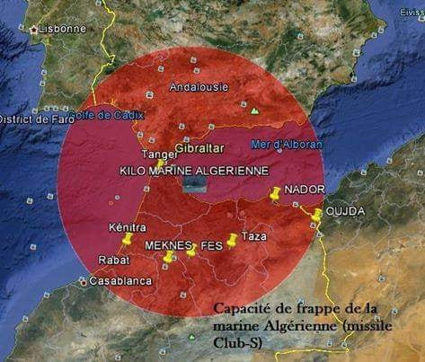 Trong ảnh là phạm vi tác chiến của tên lửa 3M-14E Kalibr nếu được triển khai trên tàu ngầm Kilo hoạt động trong vùng biển của Algeria. Ảnh: Navy Algeria