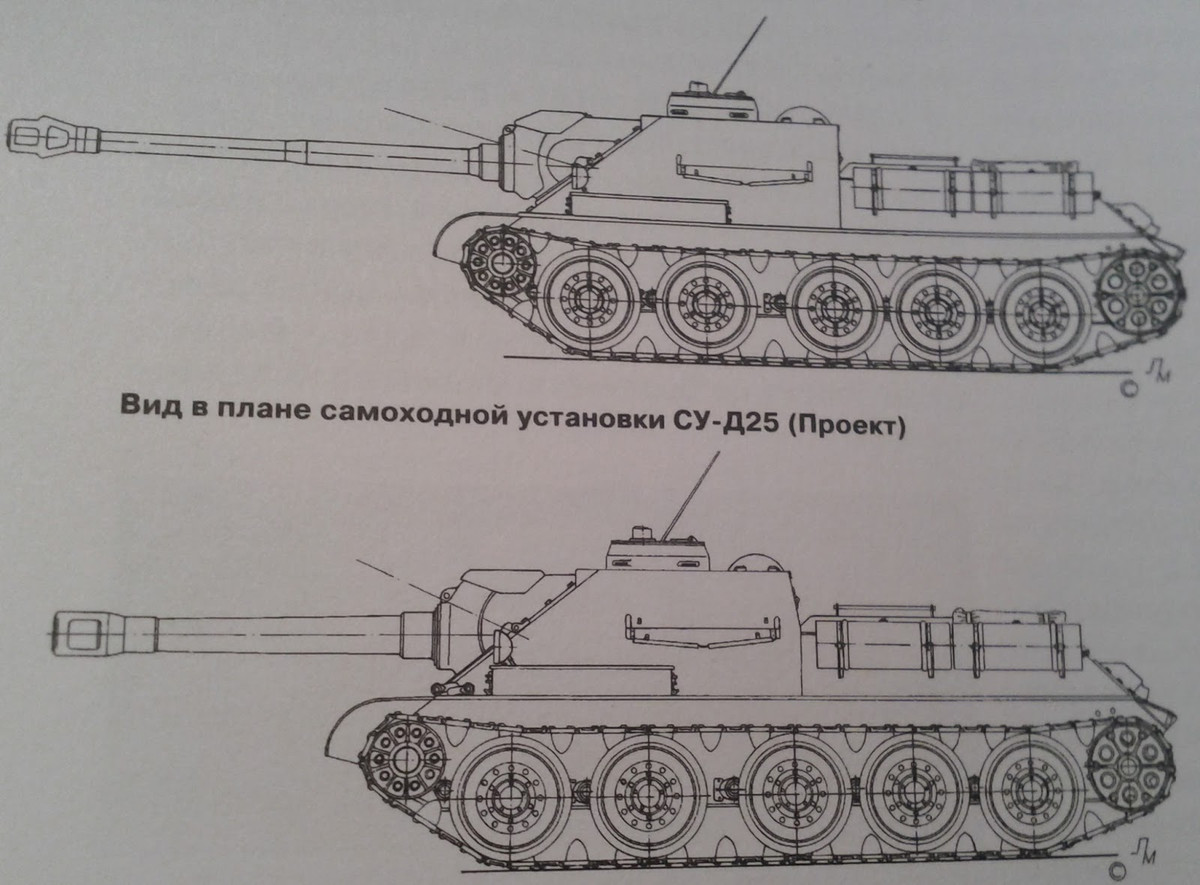 Trên khung gầm pháo tự hành SU-85 đã phát triển thành công, người ta còn dự định thiết kế hai mẫu pháo mới với hỏa lực mạnh hơn gồm: SU-D25 với pháo 122mm và SU-D15 với pháo 152mm. Nguồn: Tank Archirve