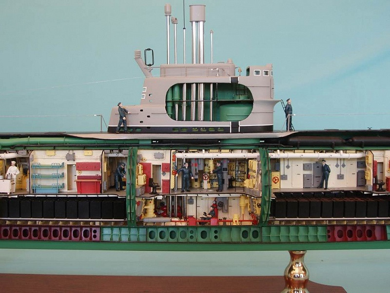 Cận cảnh mô hình mặt cắt tàu ngầm 613 với khoang chỉ huy nằm ngay phía dưới cột buồm, khoang trước là hành lang rồi tới khu vực phòng ngư lôi, phía sau là nhà bếp, nơi nghỉ ngơi của thủy thủ, phòng động cơ rồi khoang phóng ngư lôi đuôi. Ảnh: Wikipedia