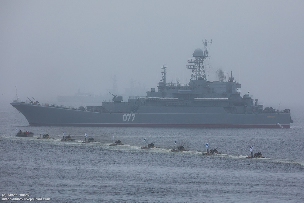 Lực lượng thiết giáp hải quân đánh bộ Hạm đội Thái Bình Dương biểu diễn khả năng bơi sau khi rời tàu đổ bộ lớn Peresvet (077). Ảnh: Anton-Blinov
