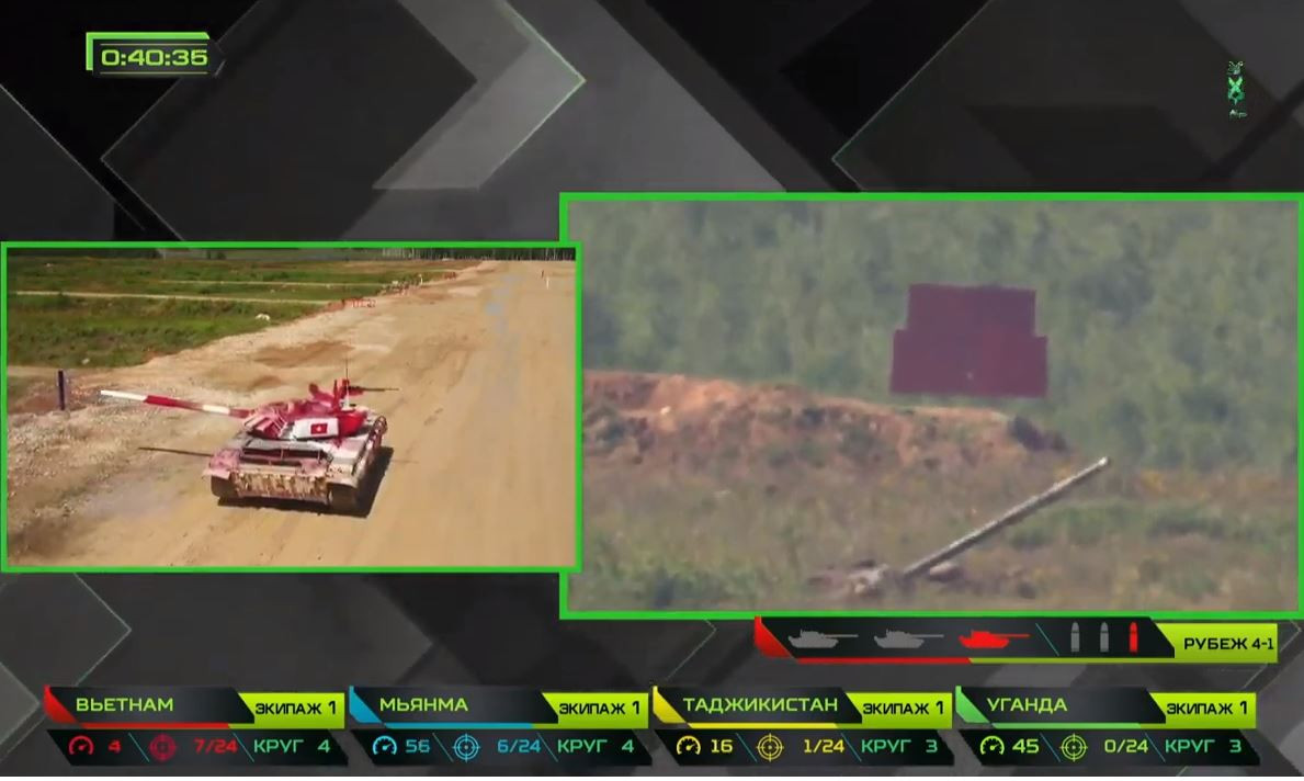 Ở phần thi dùng pháo 125mm bắn 3 bia mục tiêu xe tăng cự ly 1.600-1.800m trong trạng thái hành tiến, chúng ta xuất sắc bắn trúng cả 3 bia. Nguồn ảnh: Tzvezda