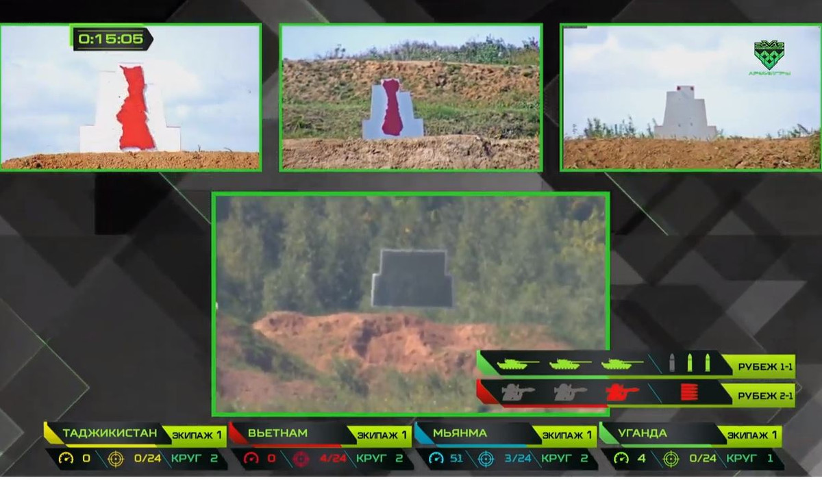 Mặc dù lần đầu tiên vào nội dung cực khó vòng bán kết, nhưng thật ngạc nhiên về sự tự tin của đội tuyển xe tăng Việt Nam ngày hôm nay. Nhất là phần thi của kíp xe tăng 1, các đồng chí đã bắn trúng 8/8 mục tiêu của vòng. Trong ảnh, xạ thủ súng máy PKT 7,62mm của kíp 1 bắn trúng 3 bia bộ binh cự ly 700m. Nguồn ảnh: Tzvezda