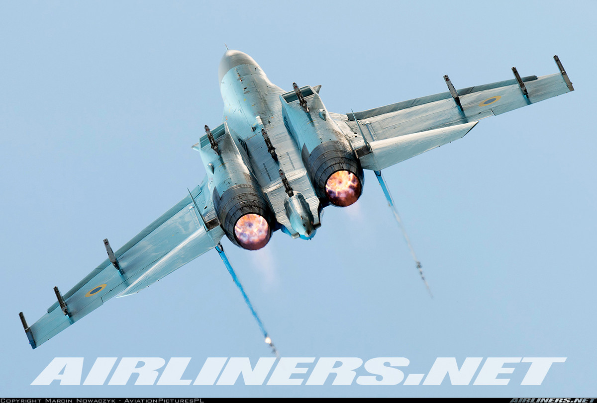 Động cơ phản lực của Su-27 là loại Lyulka AL-31F, khoảng cách giữa 2 động cơ khá lớn, vừa để an toàn vừa để đảm bảo không gián đoạn luồng khí xuyên qua những khe lấy không khí, cung cấp thêm lực nâng, giảm bớt trọng tải cho cánh. Nguồn ảnh: Airliners.net