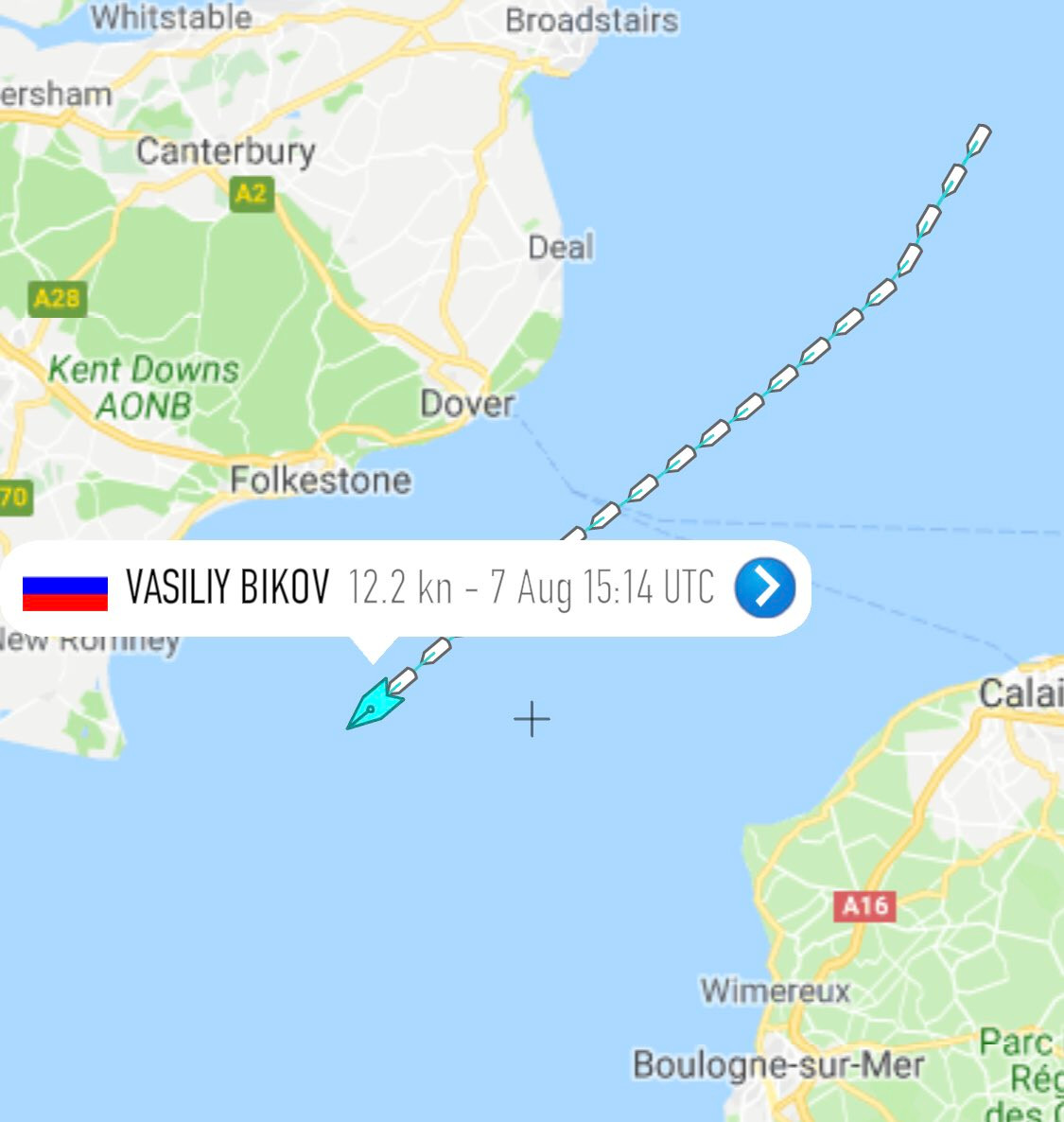 Kênh đào Anh là vùng nước ngăn cách Nam Anh với miền bắc nước Pháp và nối phần phía Nam biển Bắc với Đại Tây Dương. Nó có chiều dài 560km, chiều rộng từ 33,3-240km. Trong ảnh, hải trình của Vasily Bykov ghi nhận trên các kênh theo dõi đường hàng hải.Nguồn ảnh: Royal Navy