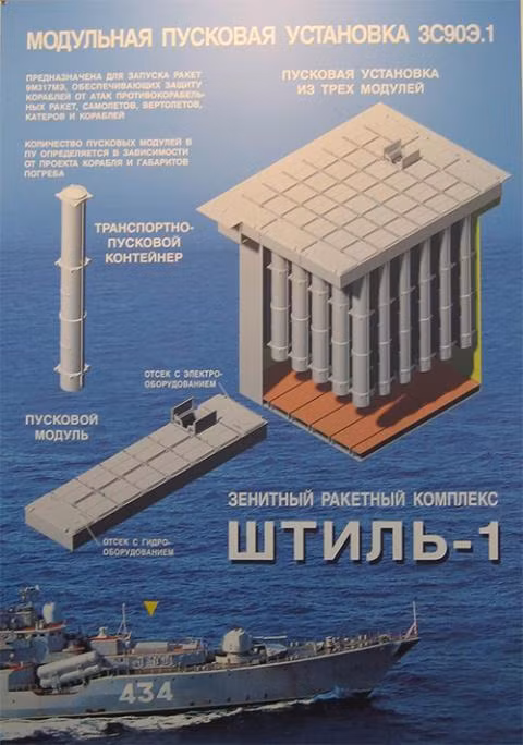 Hệ thống phòng không tầm trung hải quân 3S90M Shtil-1 với đạn tên lửa đặt trong bệ phóng thẳng đứng. Shtil-1 được cho là có thể phù hợp lắp đặt lên các tàu hộ vệ cỡ 2.000 tấn như Gepard 3.9 của Việt Nam. Hệ thống trang bị đạn tên lửa 9M317M với tầm tác chiến 3,5-50km, độ cao từ 5m tới 15.000m. Ảnh: Wikipedia