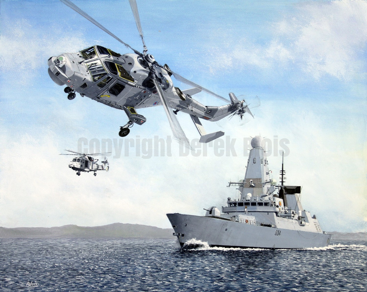 Type 45 không trang bị ngư lôi săn ngầm, thay vào đó nó dựa hoàn toàn và bộ đôi trực thăng săn ngầm Wildcat mang theo hoặc một trực thăng săn ngầm hạng trung Merlin. Nguồn ảnh: Derek