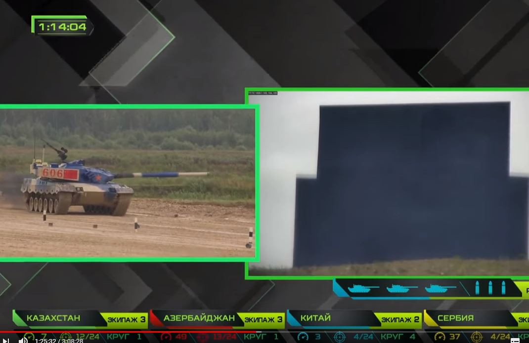 Đáng ngạc nhiên, là xe tăng sở hữu hệ thống điều khiển hỏa lực tối tân được quảng cáo có khả năng bắn chính xác mục tiêu khi hành tiến, thế mà trong bài thi chiều 10/8, các xe tăng Type 96B của Trung Quốc khi “hành tiến bắn mục tiêu” di chuyển với tốc độ “như rùa” – chỉ 3-4km/h. Nguồn ảnh: Tzvezda