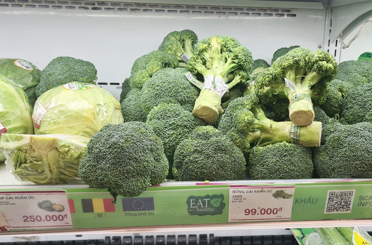 Ghi nhận của PV Báo Tri thức và Cuộc sống ngày 17/10, tại quầy rau củ quả của một siêu thị nằm trên địa bàn quận Hà Đông (Hà Nội) cũng bày bán các loại rau xanh nhập khẩu.