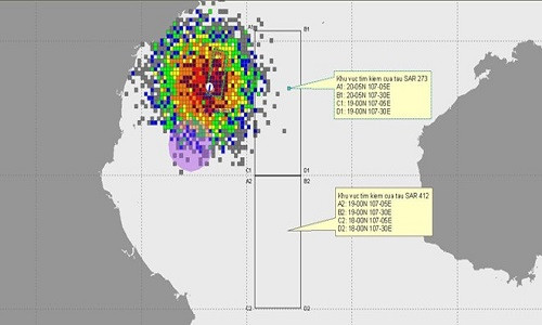 Khu vực tìm kiếm của 2 tàu SAR. Ảnh: Vietnam MRCC.