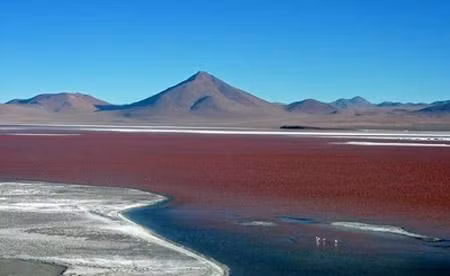 3. Hồ Colorada (Bolivia) – Đỏ một vùng trời. Hồ Colorada hay còn gọi là Hồ đỏ là một hồ muối nông nằm ở phía Tây Nam cao nguyên của Bolivia, sát với biên giới Chile. Trong hồ chứa những đảo borax nhỏ có màu trắng xóa tạo nên sự tương phản độc đáo với nước hồ đỏ quạnh mà nguyên do là tại đá trầm tích và một số loại tảo màu sinh sống trong hồ.