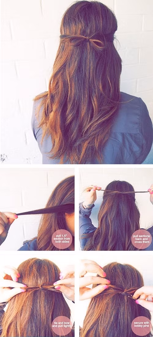 Tạo dáng kiểu tóc hình nơ nữ tính. Sau khi chải tóc, bạn lấy hai lọn hai bên tai giống như khi tạo kiểu tóc buộc nửa đầu. Buộc tóc ở giữa lại, sau đó kéo hai lọn lên trên. Bạn chú ý kéo sao cho tóc không qua hết nút thắt, để tạo hình chiếc nơ xinh xắn. Cuối cùng dùng ghim cố định tóc. Dùng một lọn tóc phía dưới, quấn qua nút thắt, chính giữa "chiếc nơ". Sau khi quấn hai vòng quanh nút thắt, bạn ghim tóc vào phía trong.