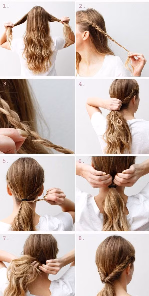 Tóc tết kết hợp buộc đuôi ngựa. Tết 2 lọn tóc 2 bên đầu, sau đó buộc thấp cùng đuôi tóc và xoắn vào bên trong để tạo thành kiểu tóc đuôi ngựa thấp.