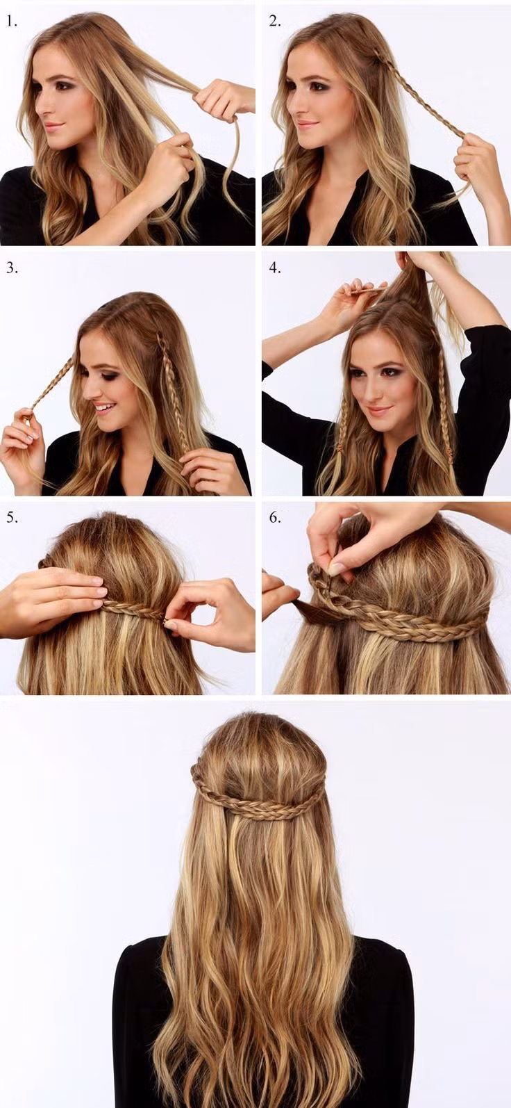 Tóc tết quấn quanh nửa đầu. Kiểu tóc nhẹ nhàng này rất thích hợp làm hàng ngày cho phái đẹp. Đặc biệt với những bạn gái có phần mái dài luôn lòa xòa xuống mặt đừng nên bỏ qua kiểu tết đơn giản, nhưng vô cùng duyên dáng. Chỉ mất 5 phút, mái tóc của bạn đã có một diện mạo hoàn toàn mới.