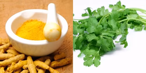 Tạo hỗn hợp gồm lá rau mùi (ngò) và bột nghệ. Thoa nhẹ nhàng lên da khoảng 15 phút, sau đó rửa sạch với nước.