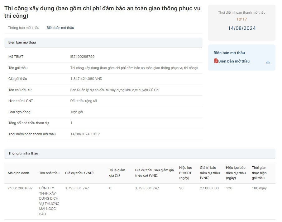 TP HCM: Duy nhat Cty Ngoc Bao du goi thau lam duong Nguyen Thi Xa