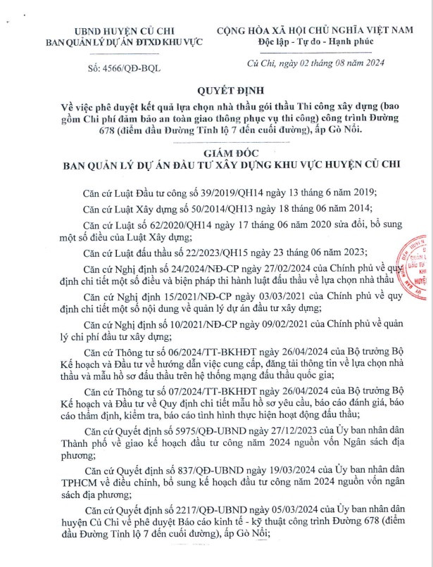 TP HCM: Cong ty Thinh Loc trung 21/21 goi thau tai Cu Chi