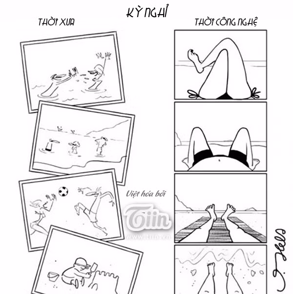 Nếu ngày trước, cứ hễ hè tới là nhà nhà kéo nhau đi nghỉ mát, trẻ con xây lâu đài cát, đá bóng, nhảy sóng, tắm biển, phải gọi là đủ trò thì nay, tất cả những gì con người làm trong thời đại công nghệ là nằm và... chụp ảnh tự sướng.