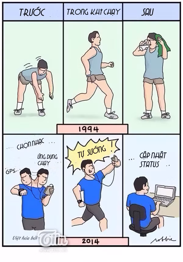 Ngày trước, khi đã tập thể dục là phải tập cho tử tế. Nào là phải khởi động mất mấy phút rồi mới chạy, chạy xong thì nghỉ ngơi làm cốc nước cho lại sức. Thế nhưng bây giờ á, đi chạy là đeo tai nghe nhạc cho ngầu, kiểm tra định vị, bật ứng dụng chạy, làm một kiểu ảnh tự sướng và không quên cập nhật tin tức trên mạng xã hội...