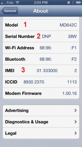 Khi đó thông tin về mã Model, số Serial... và IMEI đều sẽ hiển thị ra.