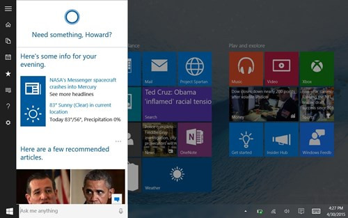  10. Cortana chiếm quá nhiều diện tích. Trên máy tính bảng (như HP Stream 7) bật chế độ Tablet, hoặc Start Screen đặt ở chế độ toàn màn hình, bảng thông tin Cortana nằm bên trái chiếm mất một phần ba màn hình khi đặt máy theo hướng nằm