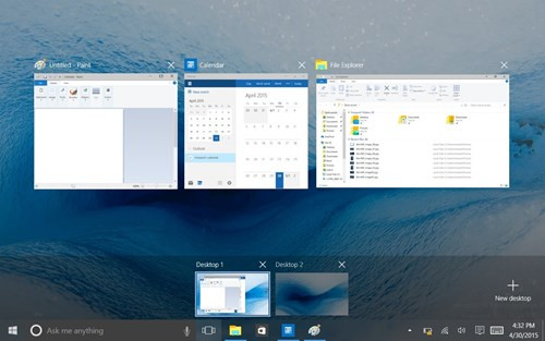  13. Task View cho phép tạo nhiều desktop. Task View cho phép bạn tạo ra nhiều môi trường desktop. Điều này có thể hữu ích nếu bạn muốn tổ chức các ứng dụng cho từng mục đích, chẳng hạn tách ứng dụng cá nhân và công việc theo từng màn hình desktop riêng. Muốn làm điều này bạn chỉ việc nhấn vào nút “New desktop” nằm ở góc dưới bên phải của màn hình (có biểu tượng hình dấu “+”); một hình nhỏ desktop mới sẽ hiện ra bên phải những desktop đã tạo ra từ trước. Cách tổ chức như vậy giúp bạn tiện truy cập nhanh nhanh các ứng dụng.