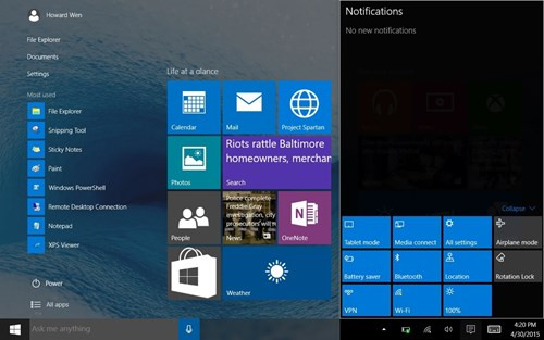  6. Action Centre mới. Vuốt từ bên phải màn hình bạn sẽ truy cập Action Center để nhận các thông báo mới. Đối với máy tính bảng, đây thực sự là cải tiến so với Windows 8/8.1, vì Action Center còn cho phép bạn truy cập các thiết lập phần cứng nhanh hơn chỉ với một chạm. Lưu lý là phải đang dùng trong chế độ Tablet. Khi bật chế độ Tablet, Start Screen chiếm toàn bộ màn hình, và các biểu tượng đại diện cho các chương trình đang chạy trên máy tính bảng không xuất hiện trên taskbar.