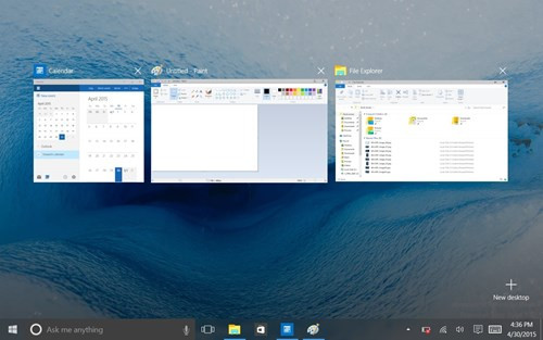  12. Không còn chuyển đổi ứng dụng bằng Switcher UI. Windows 10 đã bỏ việc chuyển đổi ứng dụng (Switcher UI) trên Windows 8/8.1 mà cho phép bạn chuyển từ một ứng dụng Windows đang chạy sang một ứng dụng khác. Giao diện này vốn dĩ hoạt động phập phù. Thay vào đó, Windows 10 sử dụng giao diện mới, gọi là Task View, hoạt động tốt hơn trên máy tính bảng. Nhấn vào biểu tượng Task View (nằm trên taskbar, sát ngay bên phải ô tìm kiếm Cortana) sẽ làm xuất hiện trên nền màn hình desktop chuỗi cửa sổ nằm ngang của các ứng dụng đang mở, cho phép bạn nhanh chóng nhảy tới bất kỳ chương trình nào.