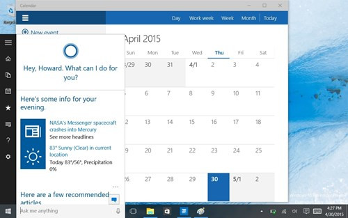  9. Trợ lý Cortana. Đây là tính năng mới đáng chú ý trên Windows 10, đối chọi lại Siri và Google Now. Bạn chỉ việc nói vào micro của thiết bị, đặt câu hỏi hoặc ra lệnh điều khiển, Cortana sẽ trả lời câu hỏi hoặc thực hiện theo khẩu lệnh của bạn. Trợ lý ảo này thậm chí có thể được dùng để nhập thông tin vào ô tìm kiếm thay cho gõ chữ. Khi bạn nhấn vào ô tìm kiếm sẽ làm bật lên khung hình chữ nhật trên đó có những thông tin theo thời gian thực đã được cá nhân hóa cho bạn, như tin tức và thời tiết trong khu vực. Trên PC, bảng thông tin điều khiển Cortana được đặt tại góc trái phía dưới của màn hình.