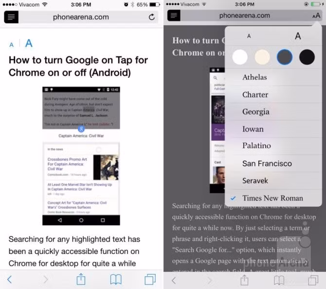  6. Thay đổi chế độ Đọc trong Safarii. Chế độ Đọc (Reader) trong Safari sẽ lược bỏ các chi tiết giao diện web để mang tới trải nghiệm đọc văn bản dễ dàng hơn). Trên hệ điều hành iOS 9, Safari sẽ cho phép người dùng lựa chọn font chữ và kích cỡ font trong Reader Mode.