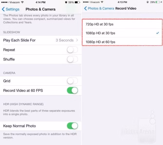  8. Tùy chọn quay phim. Trong ứng dụng Cài đặt (Settings), bạn sẽ có thêm tùy chọn quay video ở độ phân giải 720p với tốc độ 30 khung hình/giây (30fps). Trước đây, bạn chỉ có thể lựa chọn 1080p ở 30fps hoặc 1080p ở 60fps.