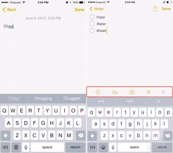  12. Ứng dụng Notes mới và bàn phím được cải tiến. Ứng dụng Notes giờ đã có thêm một số công cụ soạn thảo (hình vẽ, danh sách tự động đánh số, tùy chọn font). Bàn phím của hệ điều hành iOS 9 sẽ chuyển đổi giữa chữ hoa và chữ thường.