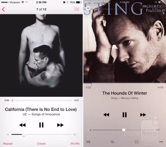  5. Thay đổi giao diện Đang phát trong ứng dụng Nhạc. Giao diện ứng dụng Nhạc đã được cập nhật theo hướng đơn giản hơn: các tùy chọn giờ đây được thể hiện bằng biểu tượng thay cho các dòng chữ trên giao diện cũ. Với sự ra mắt của Apple Music trong tương lai gần, ứng dụng này chắc chắn sẽ còn đón nhận thêm nhiều thay đổi mới.