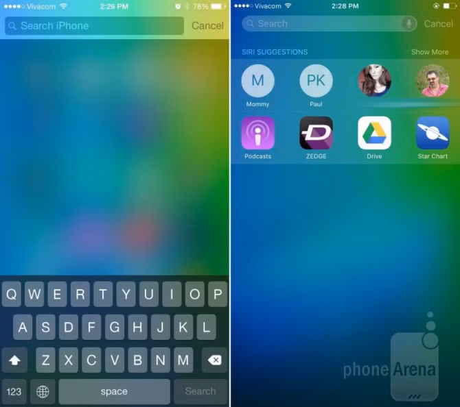  2. Giao diện tìm kiếm Spotlighti. Thay vì để giao diện Spotlight trống vắng như trước, Apple đã thêm vào danh sách các liên lạc (phía trên) và ứng dụng (phía dưới) hay sử dụng nhất. Đây là một phần trong số các tính năng Proactive (đưa ra gợi ý thông minh dựa trên quá trình sử dụng thực tế của người dùng) được Apple ra mắt tại WWDC. Các gợi ý này sẽ được đặt tên "Gợi ý của Siri" để tô đậm vai trò trợ lý ảo của Siri.