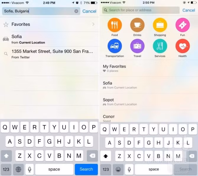  11. Kết quả tìm kiếm trên Apple Maps. Dịch vụ bản đồ của Apple giờ đây sẽ cung cấp thêm cho bạn các tùy chọn tìm kiếm địa điểm ăn uống, mua sắm, giải trí… ở gần vị trí hiện tại của bạn nhất.