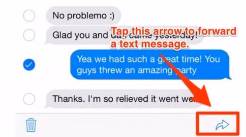 11. Bí kíp nhắn tin trên iPhone cuối cùng: Chuyển tiếp các tin nhắn văn bản đến những người khác bằng cách chạm tay trên tin nhắn, chọn “more” (thêm) và sau đó bấm vào mũi tên.