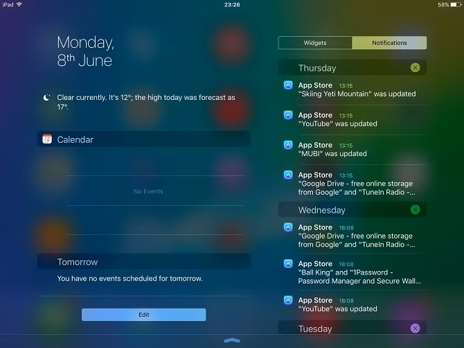  Tối ưu hiển thị thông báo trên chế độ nằm ngang của iPad. Thông báo trong chế độ nằm ngang (landscape) của iPad trên hệ điều hành iOS 9 sẽ có hai cột và hiển thị thêm nhiều thông tin hữu ích cho người dùng thay vì chỉ có một cột như trên iOS 8 với ít thông tin quan trọng.
